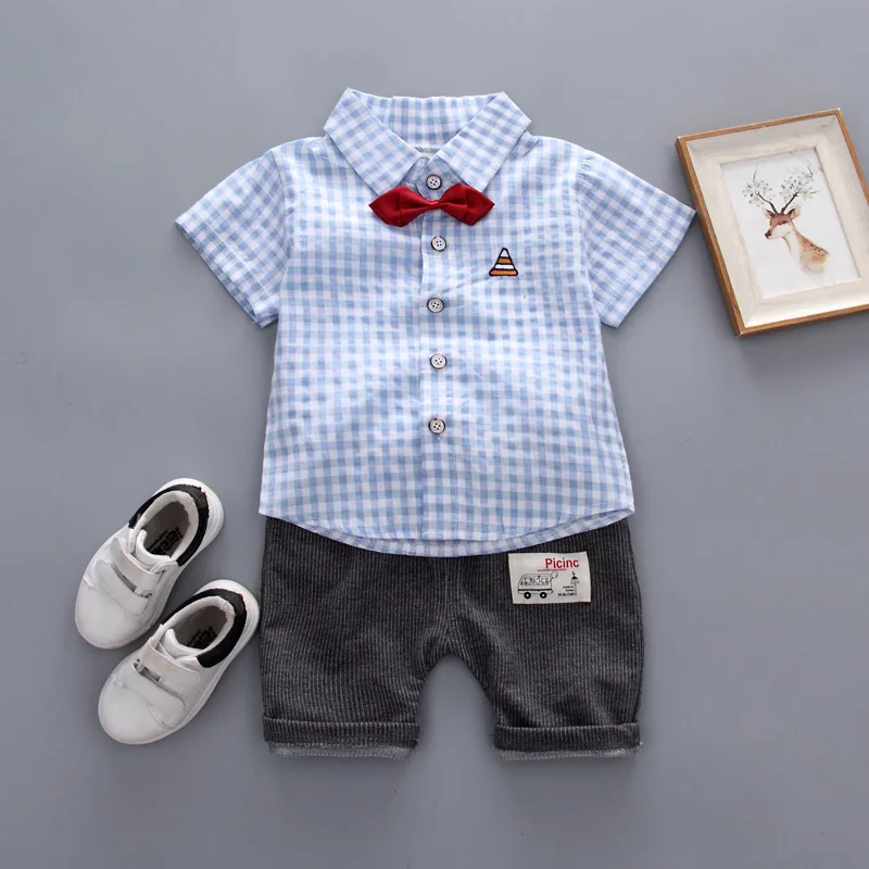 2018 Одежда для новорожденных мальчиков короткий рукав в клетку с бантом Футболка