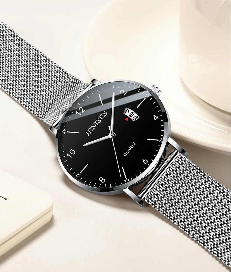 Mens Watches Slim Mesh Steel Date Waterproof Simple Designer Quartz Watch For Men Clock Black Wristwatch Relogio Masculino
