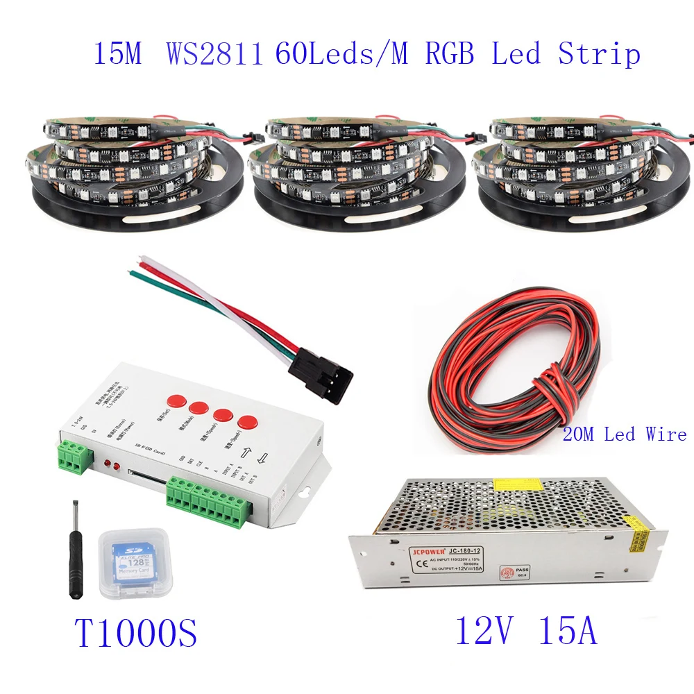 20 м 15 10 5 WS2811 Светодиодная лента IC 60 светодиодов/м RGB умная Пиксельная полоса + T1000S