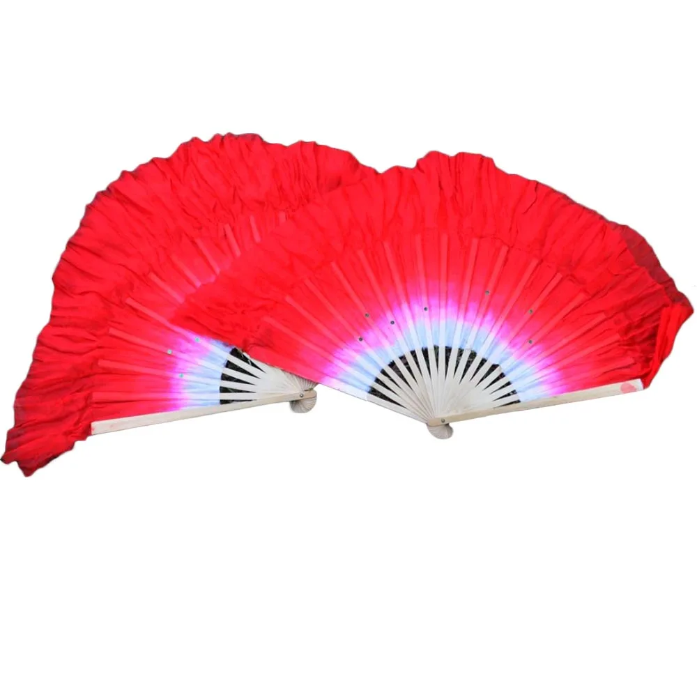 

High Quality Silk Belly Dance Short Fans 1Pair Left Hand+Right Hand White+Red Double Layered Chinese Traditional Dance Short Fan