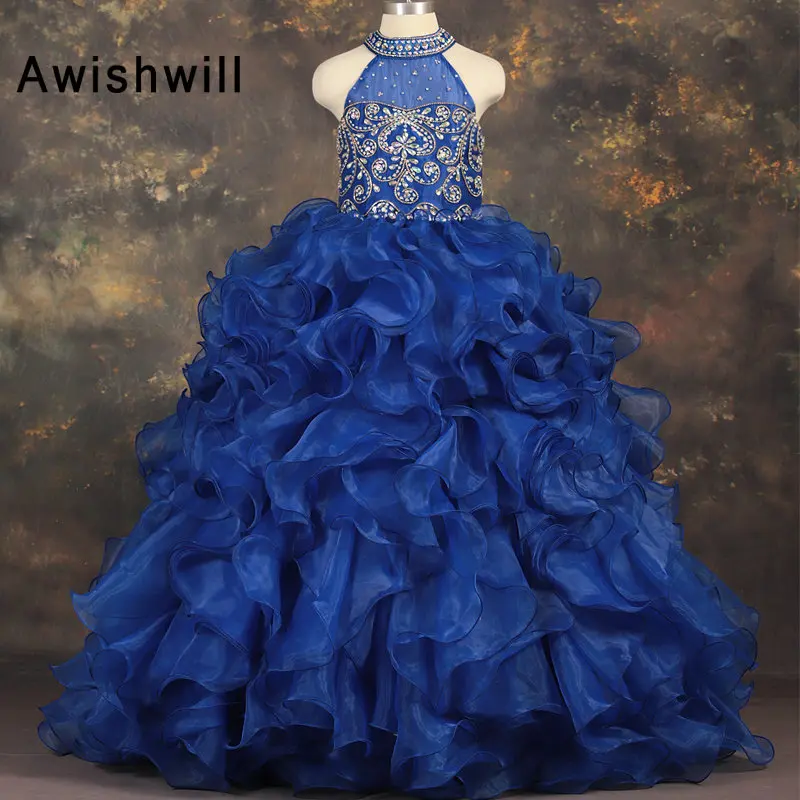 Королевское синее платье с цветами для девочек на свадьбу бальное бусинами и