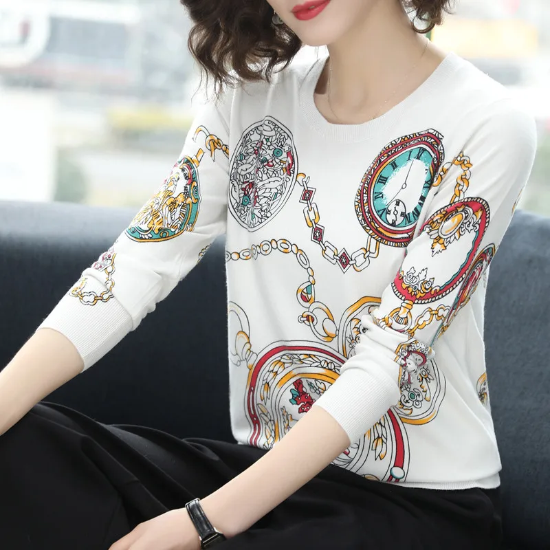 2019 осень свободный свитер геометрический принт блок с круглым вырезом Женский