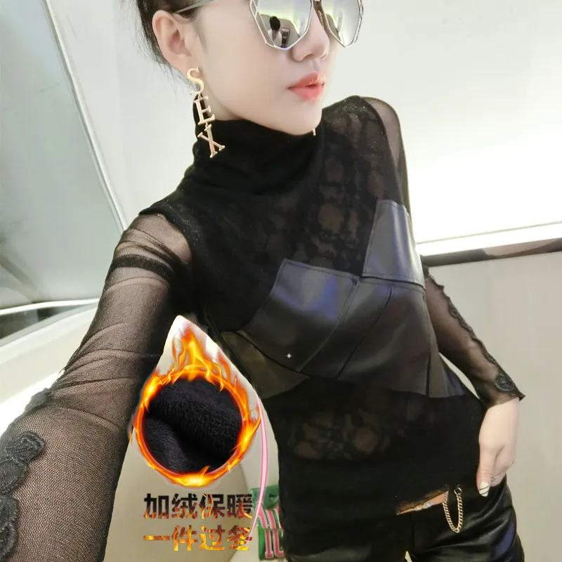 Black thin fleece Полиуретановая Лоскутная Кружевная футболка с вышивкой, женская черная рубашка, топы, сетчатая прозрачная водолазка, облегающая Осенняя футболка с длинным рукавом T95095 - Цвет: Black thin fleece