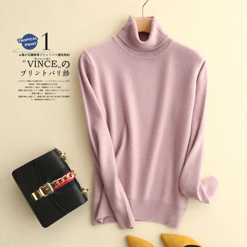 zocept High Quality Wool Sweater Women High Collar Solid Full Sleeve Cashmere Knitted Pullover Female Slim Warm Jumper Sweaters - Color: Light Pink