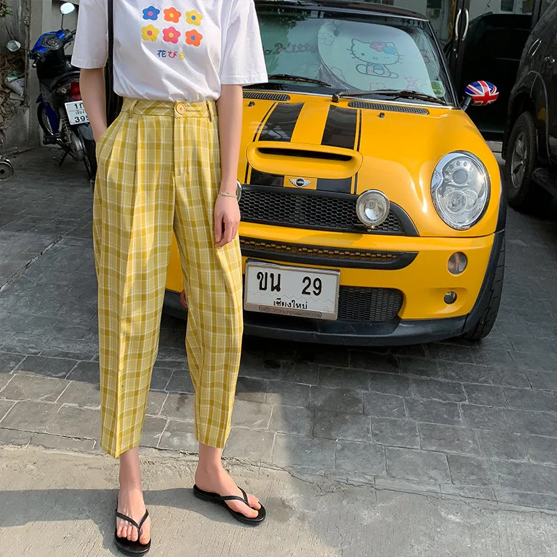 Желтая зеленая летняя с высокой талией клетчатый карандаш брюки 2019 модные