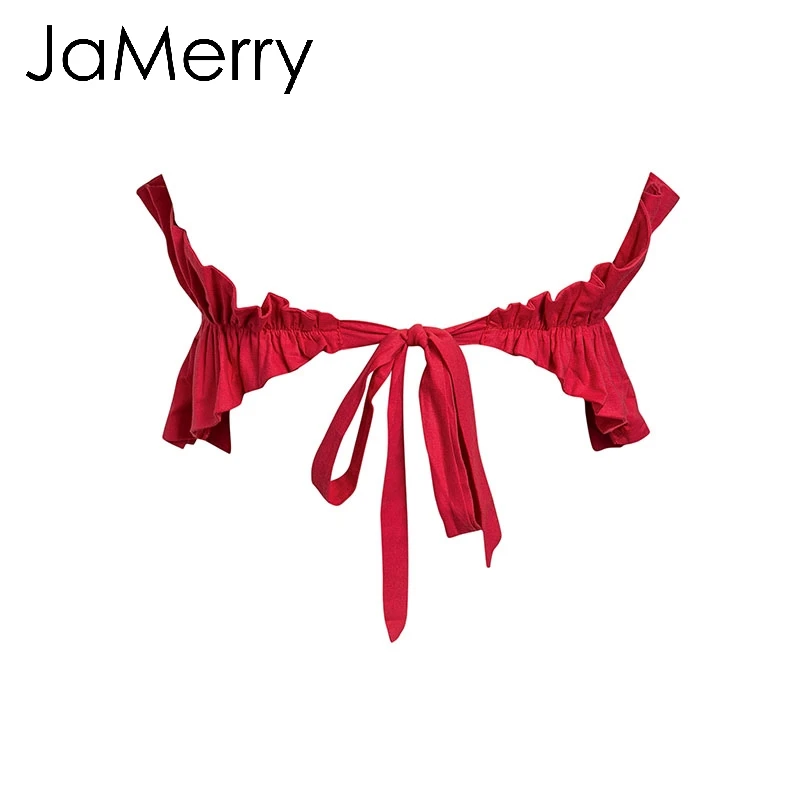 JaMerry, Сексуальный Топ без бретелек с рюшами, летние пляжные топы на шнуровке, однотонные женские короткие майки, модные вечерние топы