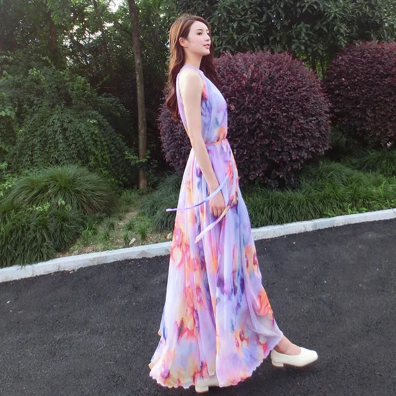 Женское длинное пляжное платье макси лавандовое пикантное шифоновое с цветочным