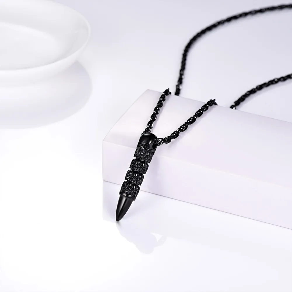 U7 Bullet Skull Necklace for Men Punk Rock Biker Stainless Steel Jewelry Choker Accessories with 55cm Water-wave Chain P1121