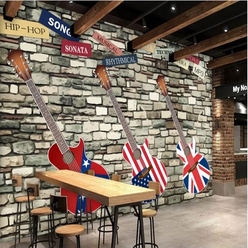 

beibehang Large Custom Wallpaper Europe and America Retro Guitar Brick Wall Bar Coffee Shop Background Wall Painting