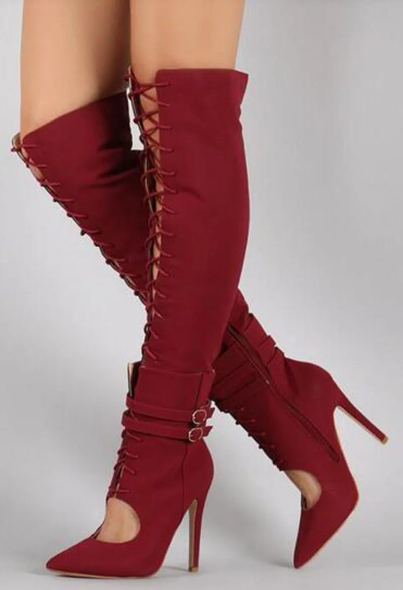 

Women Fashion Shoes Pointed Toe Lace-up Suede Leather Gladiator Boots Cut-out Knee High Thin High Heel Boots