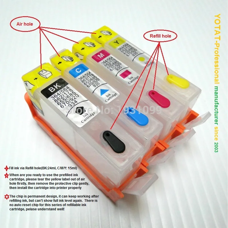 

YOTAT 5 Color Refillable ink cartridge For HP178 HP178XL for HP Photosmart C6300/C5300/C5383/C6383/D5460/D5400 with chip