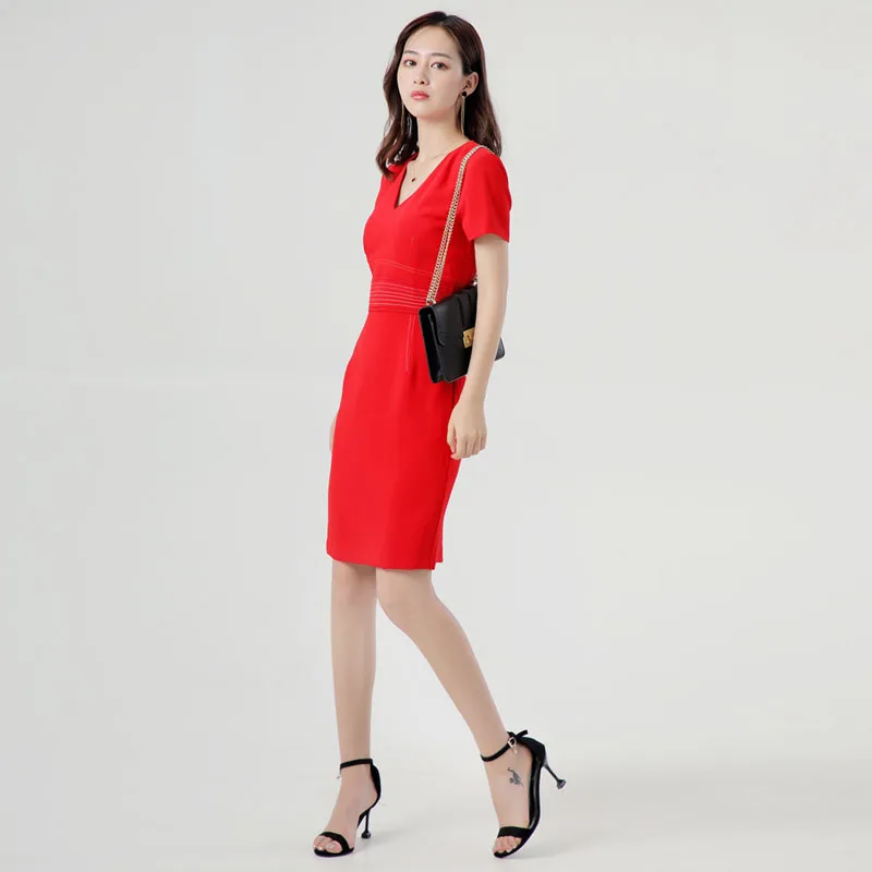 

Designer High Quality 2020 Summer New Women'S Fashion Work Party Sexy V-Neck Vintage Elegant Chic Pencil Black And Red Dress