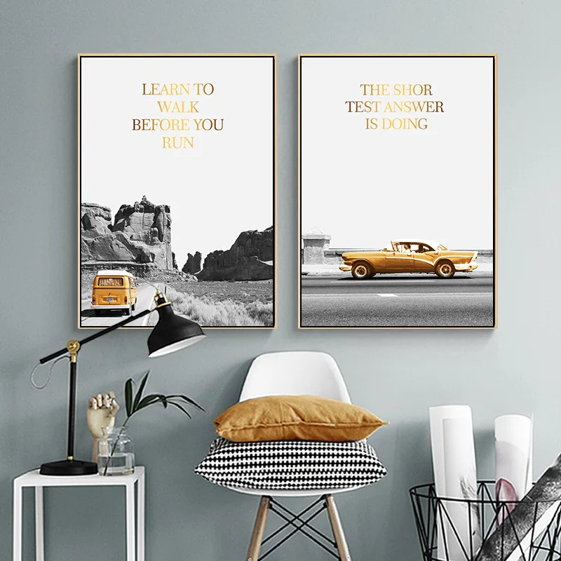 Черно-белый пейзаж путешествия холст картина желтый автомобиль мотивационные