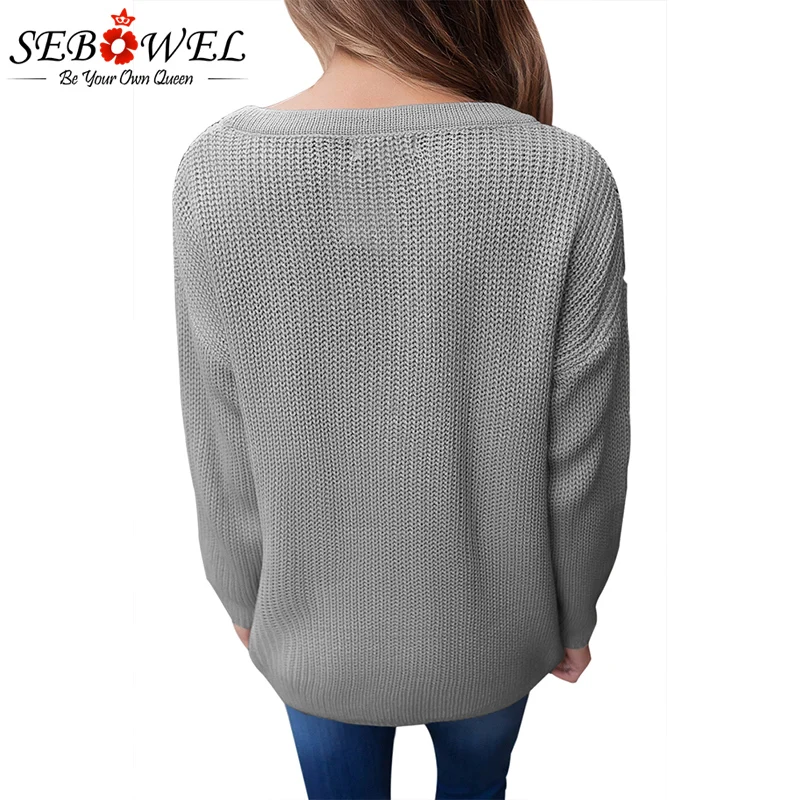 Фото SEBOWEL 2020 Sexy Lace up Oversized Sweater Women Autumn Gray Long Sleeve Deep V Front Female Knitted Pullovers Женская одежда SEBOWEL 2020 Sexy Lace up Oversized Sweater Women Autumn Gray Long Sleeve Deep V Front Female Knitted Pullovers Женская одежда
