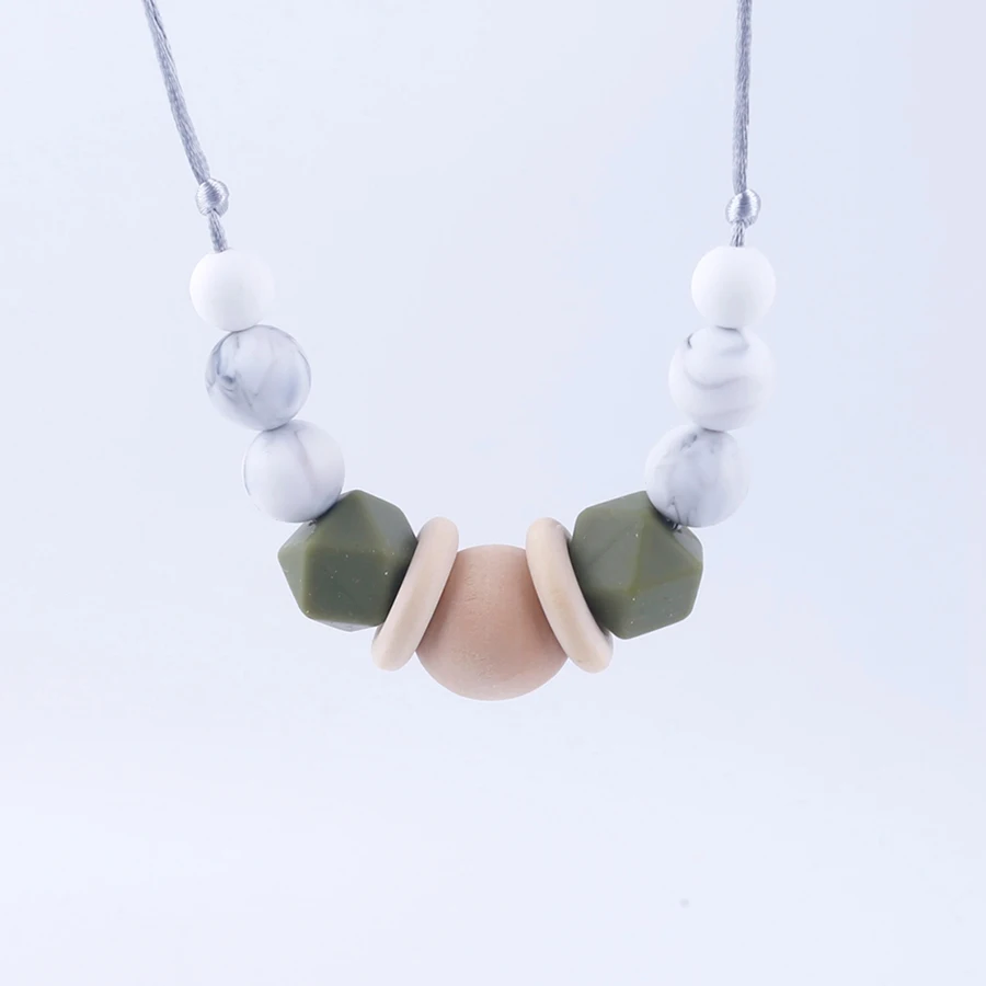 army green 1 шт. силиконовые детские ожерелья для прорезывания зубов органический деревянный жевательный бисер Пищевая силиконовая цепочка для прорезывания зубов - Цвет: army green