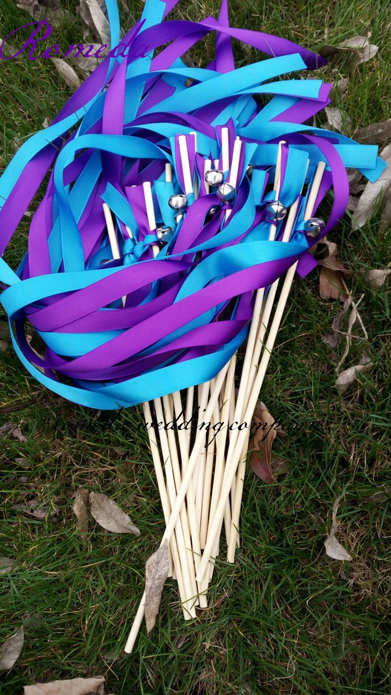 FREE SHIPPING--(50Pieces/Lot) Style L blue + purple stain ribbon with Sliver bell Wedding Ribbon Wands for Party | Дом и сад