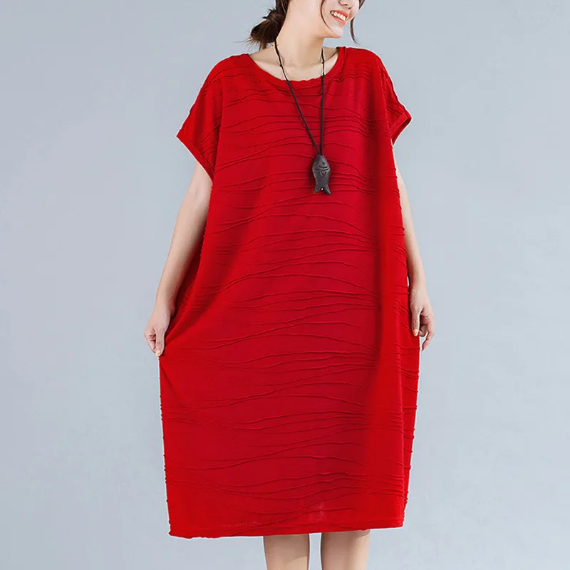 Johnature Womens Dresses New Arrival Summer Casual Korean O-neck Solid Color Short Sleeve Loose 3 Colors Cotton Women Dress