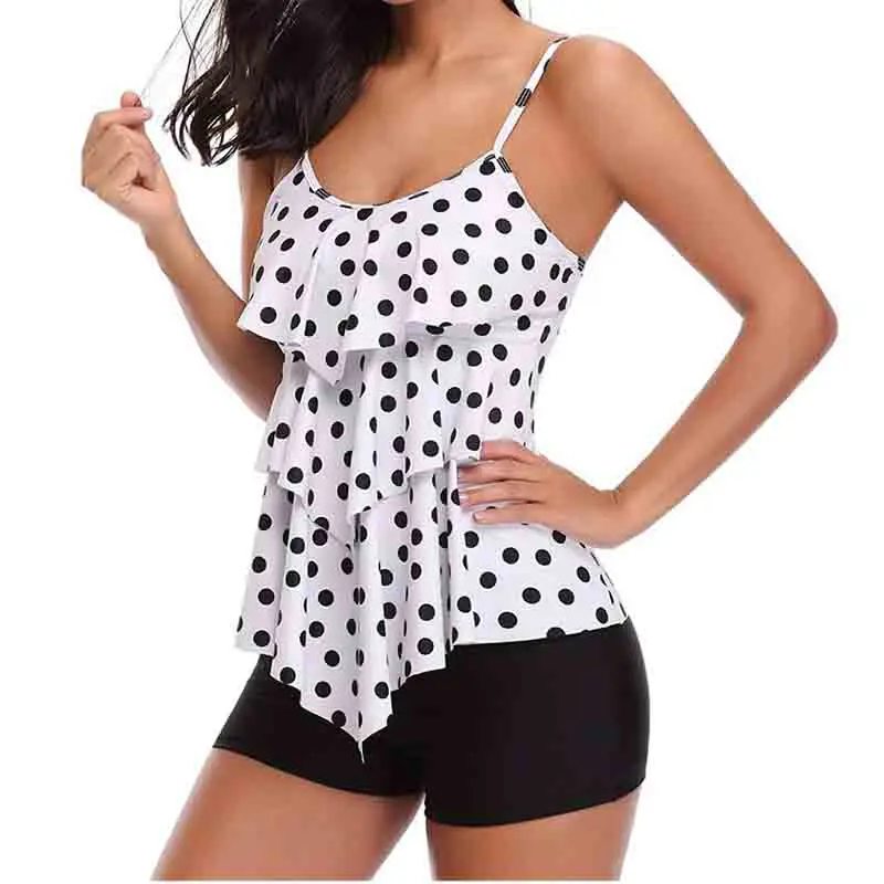 Women's Two Pieces Swimsuit Polka Dot Ruffled High-neck Halter Top with Blakc Short Pant Bottom Tankini Set | Спорт и