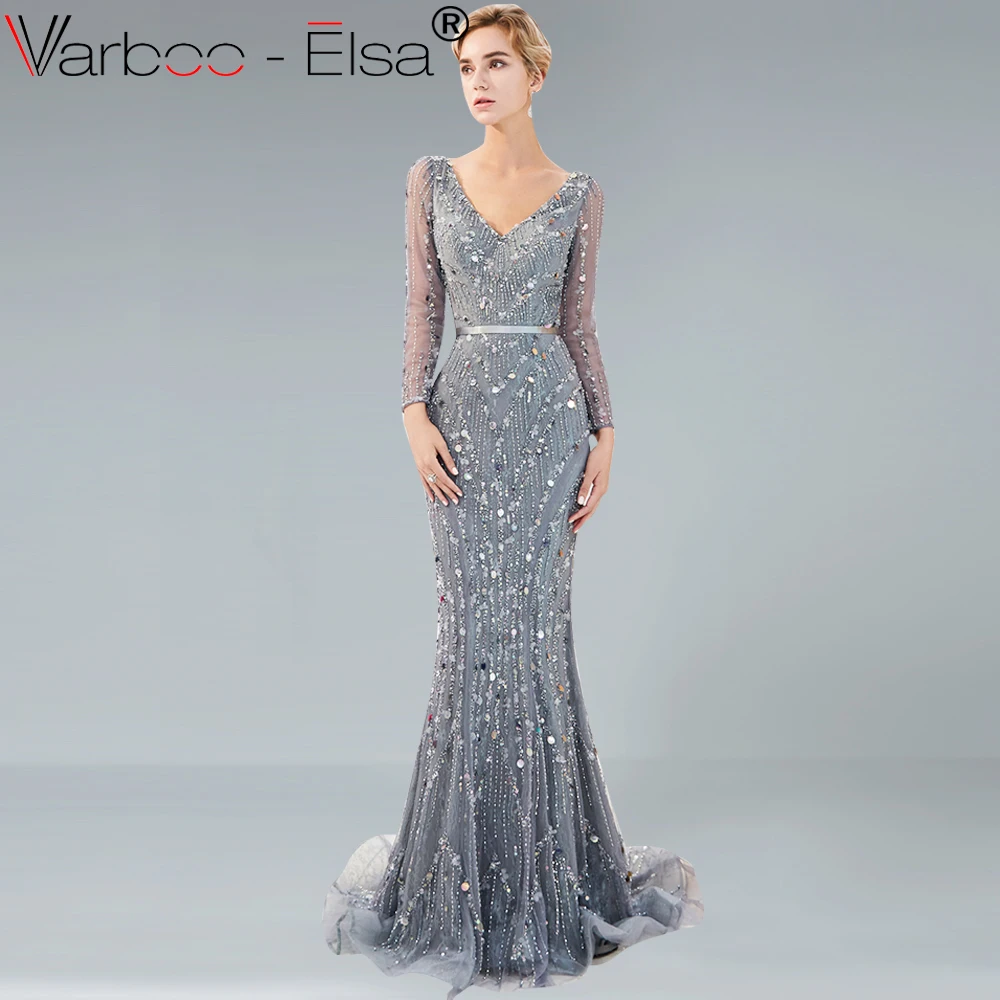 VARBOO_ELSA роскошное Сексуальное Серебряное блестящее вечернее платье русалки с v