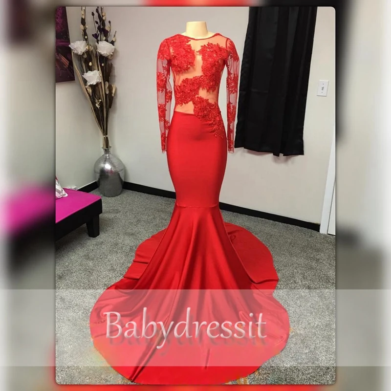 See Through Sheer Красный Африканский Пром Dress O шеи Длинным Рукавом кружева Топ Стрейч Атласа Русалка Девушка Реальная Картина Длинные Платья Выпускного Вечера
