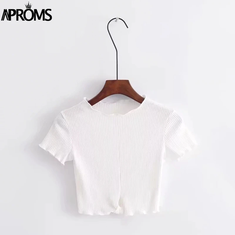 Белый Aproms, желтая трикотажная футболка в рубчик, женская летняя футболка с оборками, короткий рукав, базовая футболка, уличная одежда, укороченный топ, женская укороченная футболка, футболки - Цвет: Белый