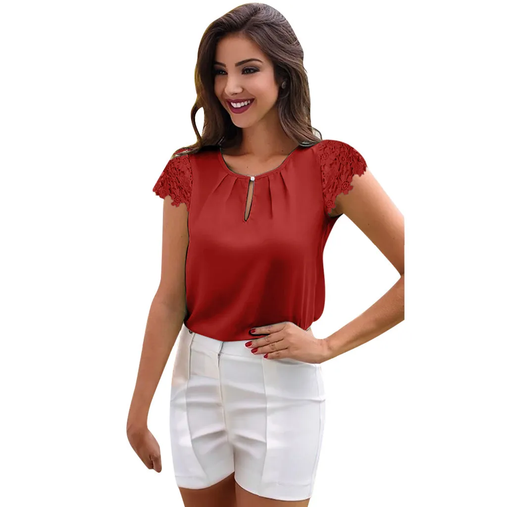 

Women's Shirt Summer Blouse Women Lace Button Short Sleeve Chiffon Linen Tops Blouse Fashion Shirt Casual Blouse womens