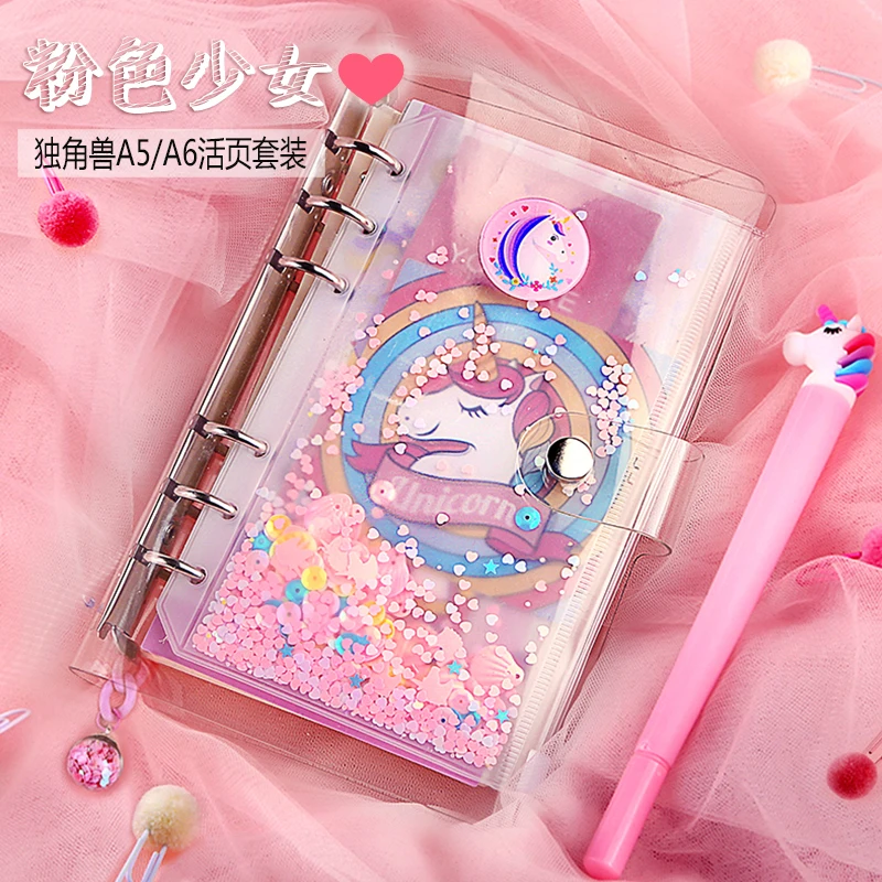 

Ins Girl Unicorn Pink Journal Diary Notebook A5 A6 Spiral PVC Bling Bling Notebook Pen Pendant Stationery Notepad Cute Planners