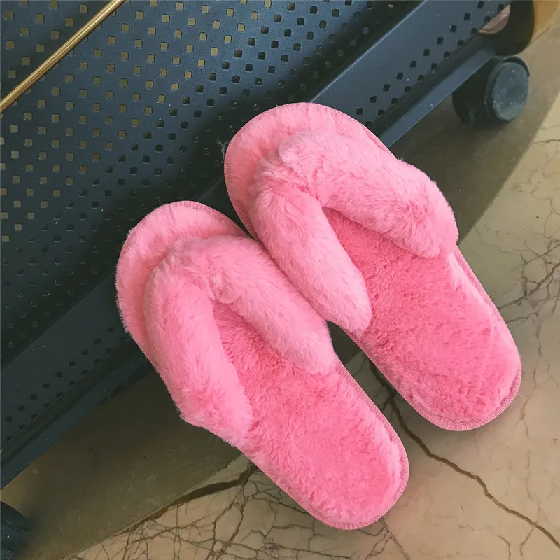 Watermelon Red Плюшевые женские тапочки на плоской подошве; Вьетнамки размера плюс; женские шлепанцы без застежки с искусственным мехом; домашние тапочки для отдыха; женская обувь - Цвет: Watermelon Red