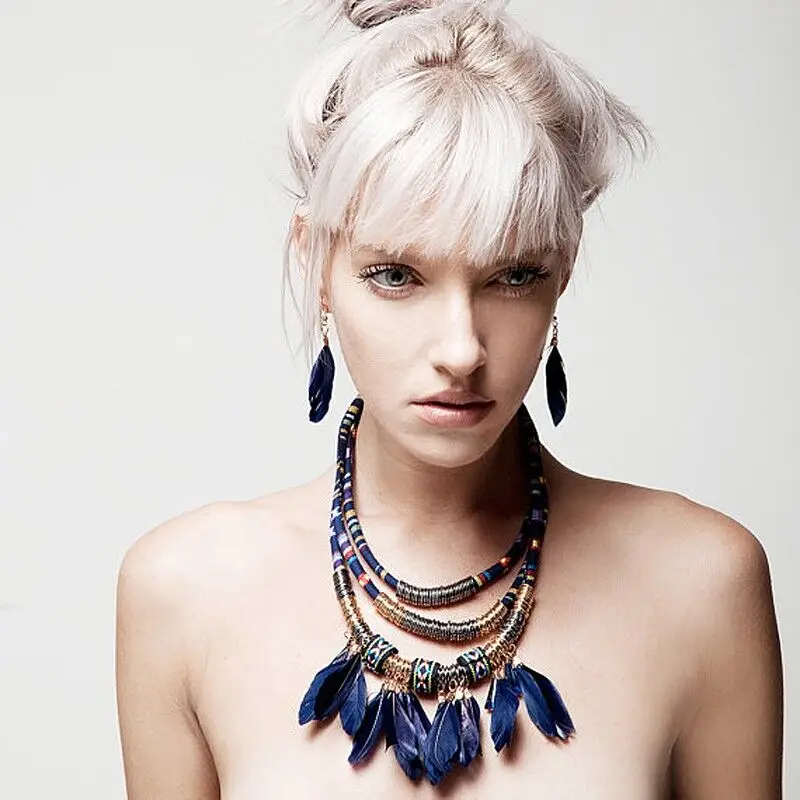 4 Цветов Ручной работы Этнических BOHO Мода Перо Тканые Ожерелье Племенной Веревку