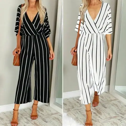 OL Ladies Half Sleeve Striped Loose Baggy Trousers Jumpsuit Overalls Wide Leg Romper | Женская одежда