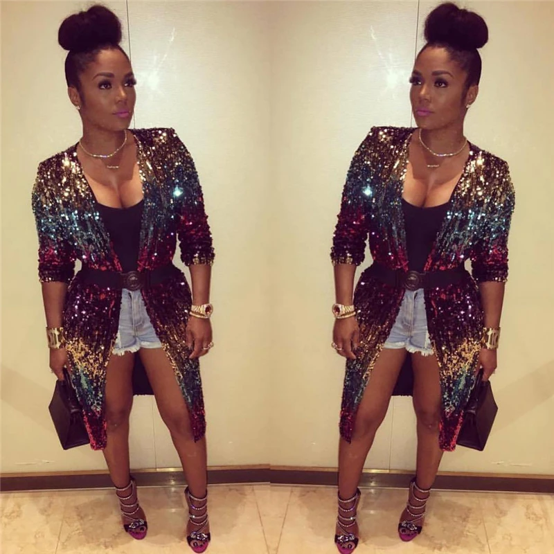 Fashion Sexy Sequined Cardigan Women Party Long Sleeve Shining Cardigans Ladies Summer Beach Casual Glitter Clubwear |