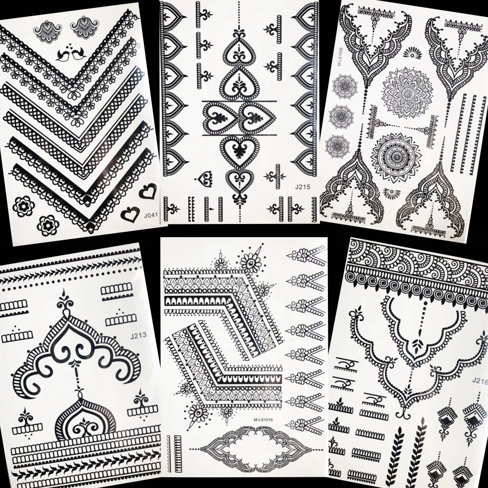 

Сексуальные очаровательные цепочки, тату-наклейки, черная, временная любовь, Женская кружевная хна, цветок, переводная татуировка, Геометри...