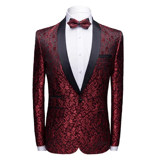 Wine Red(AsianSize) Цвет красного вина, цветочный жаккардовый пиджак на одной пуговице, Мужской приталенный пиджак с воротником-шалью, мужские блейзеры, вечерние, для свадьбы, выпускного, смокинг, Блейзер, Hombre - Цвет: Wine Red(AsianSize)