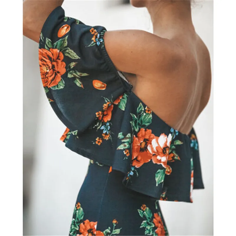 Frauen Schulterfrei Цветочные Bedruckte Sommerkleid Neue Damen ruschen Krause Bodycon Minikleid Abend вечерние Kleider Vestidos |