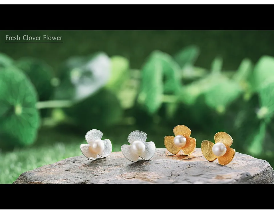 Lotus Fun Moment Настоящее стерлингового серебра 925 натуральный жемчуг ручной работы модные изделия свежие клевер цветок серьги стержня для Для женщин