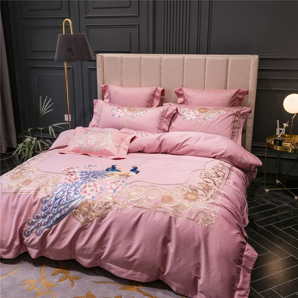 Noble 100S Egyptian cotton Embroidered Bedding sets Peacock Queen King Princess Duvet cover Bed sheet set Pillowcases 4/6pc Pink | Дом и сад