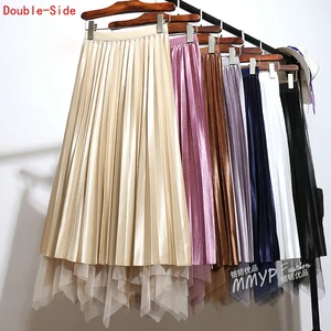 Длинная Плиссированная атласная юбка, демисезонная Асимметричная юбка из фатина в стиле пэчворк, двухсторонняя сетчатая длинная юбка А-силуэта, 2019