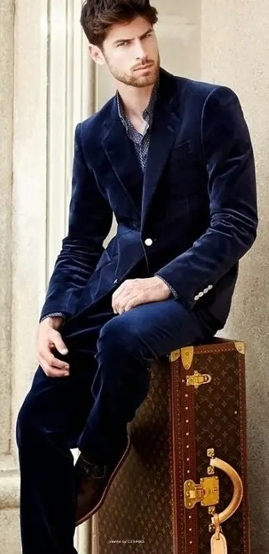 

Latest Coat Pant Designs Navy Blue Velvet Men Suit Slim Fit Tuxedo Skinny 2 Piece Blazer Custom Fashion Suits Terno Masculino 59