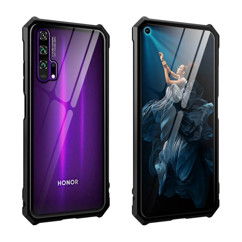 Бронированный чехол с металлической рамкой для huawei Honor 20 Pro 20i чехол из алюминиевого сплава закаленное стекло противоударный чехол для Honor 20 Lite Coque - Цвет: Black