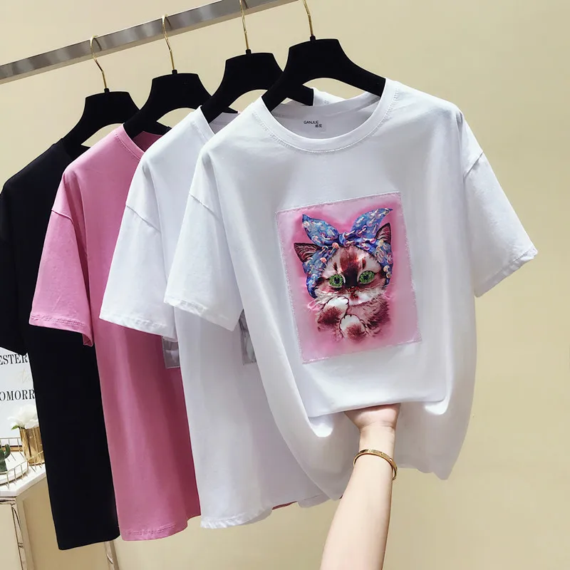 4XL/2019 Новая Летняя женская футболка с короткими рукавами и бусинами бантом