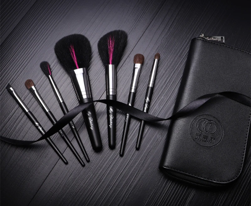 Black 7Pcs Makeup Brushes Set High Quality Goat Hair Soft Powder Blush Blending Eye Shadow Professional Cosmetic Brush with Bag | Красота и