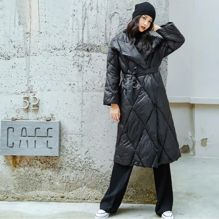 

Winter New arrival fashion brand winter big lapel collar coat female cover buttons longer warm down cotton coat with belt wq783