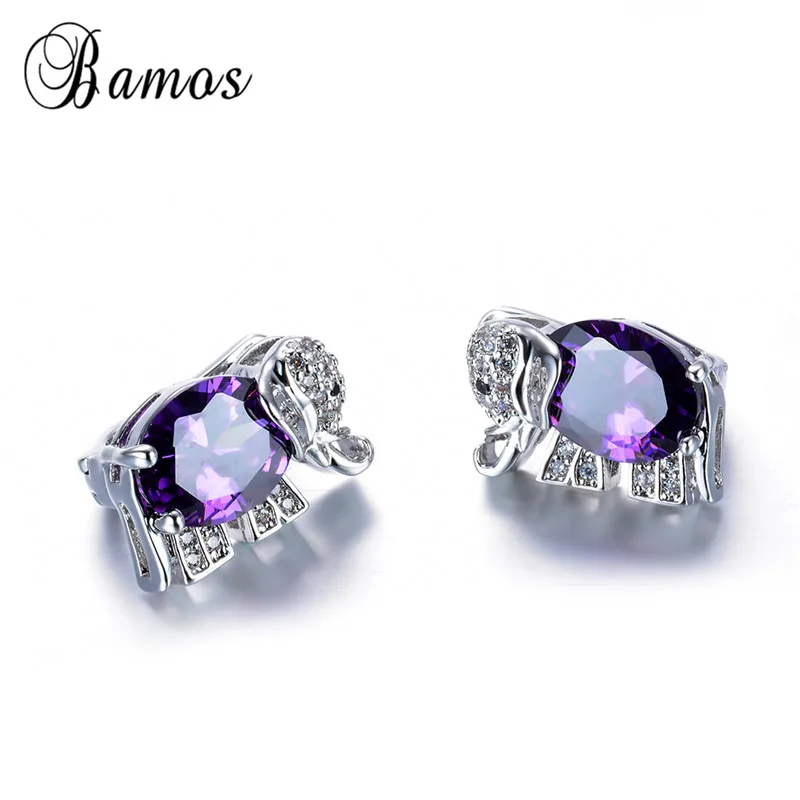 Bamos Charming Purple Birthstone Jewelry Sets Lovely Elephant Hoop Earrings/Ring/Necklace Silver Color Animal Pendants Gift | Украшения и