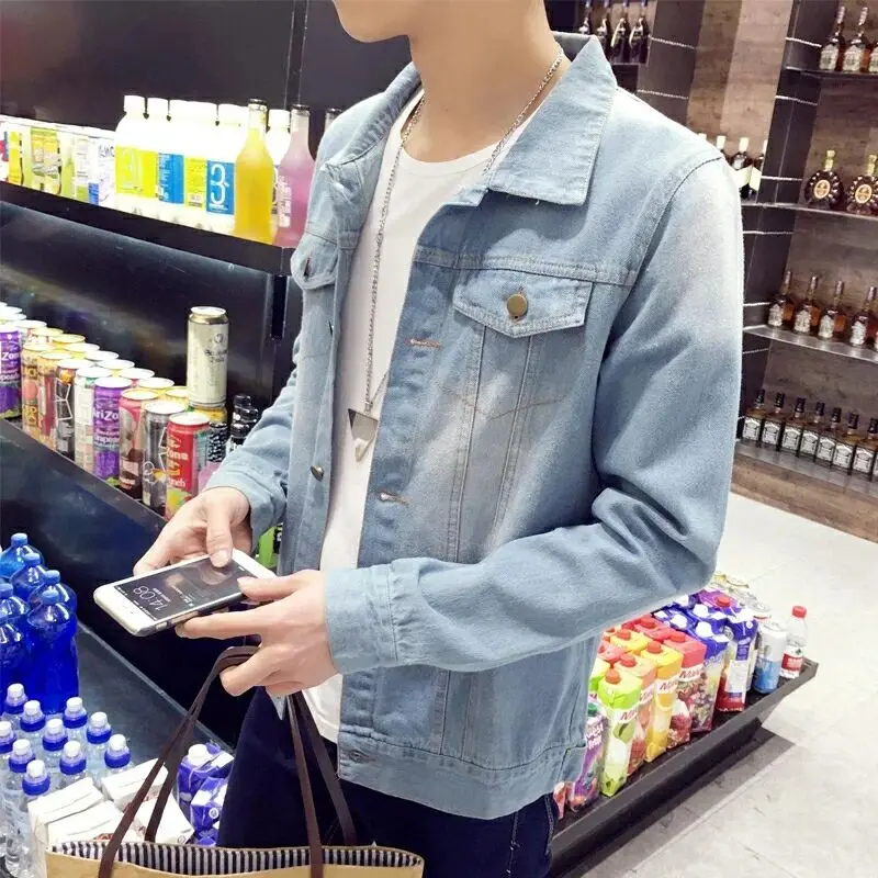 Мужская одежда Весна джинсовая куртка корейский тренд тонкий сплошной цвет