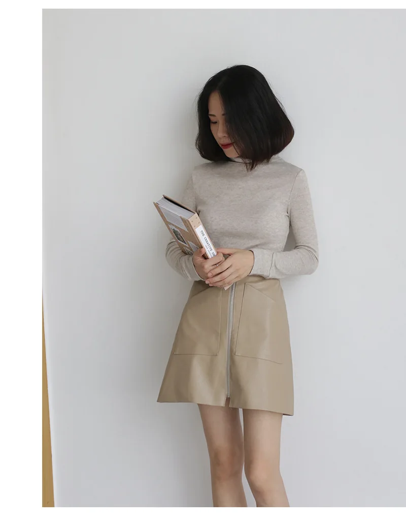 

South Korea autumn winter new a half skirt Fashion High Waist Zipper Stitching Pu Leather Skirt Cross Tie Women Skirts Clothing