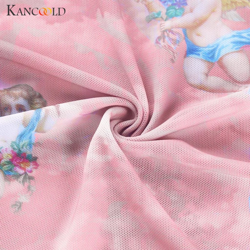 

KANCOOLD top T-shirt Turtleneck Long Sleeve Starry Angle Print Short Top Mesh Perspective t-shirts women t shirts 2019Apr10