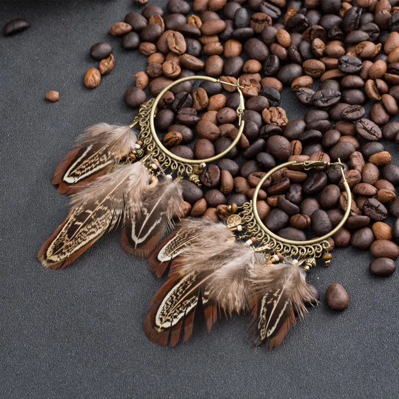 Богемные Этнические серьги из коричневого перьевого сплава Boho Винтаж Длинные