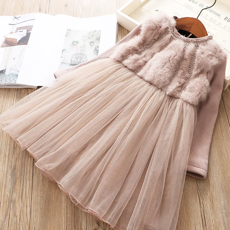New Baby Girls Clothes Long-sleeved Faux Fur Top Tulle Dress Velvet Dress+Fur Vest One Piece Warm winter 5sets/lot | Детская одежда и