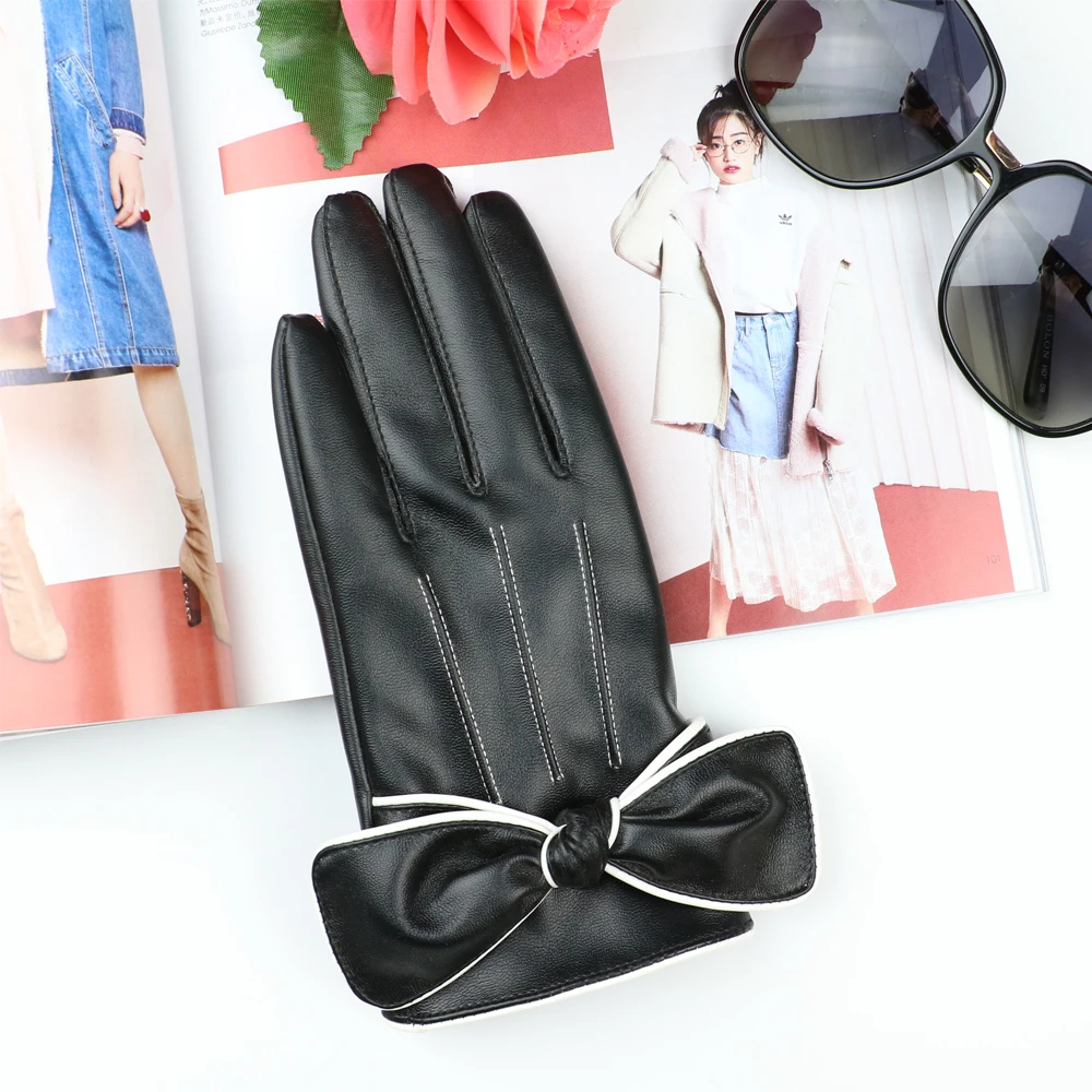 Short Gloves For Women Fashion White Border Bow PU Leather Black Female Winter Warm Velvet Touchscreen | Аксессуары для одежды