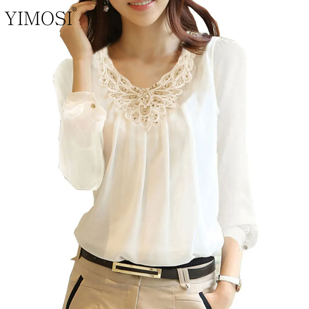 Женская шифоновая блузка с длинным рукавом белая Повседневная офисная вышивкой